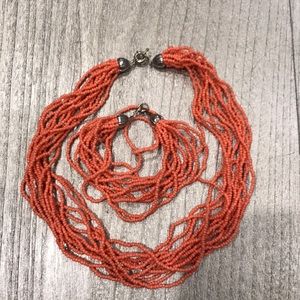 Pink beaded coral choker necklace and bracelet set